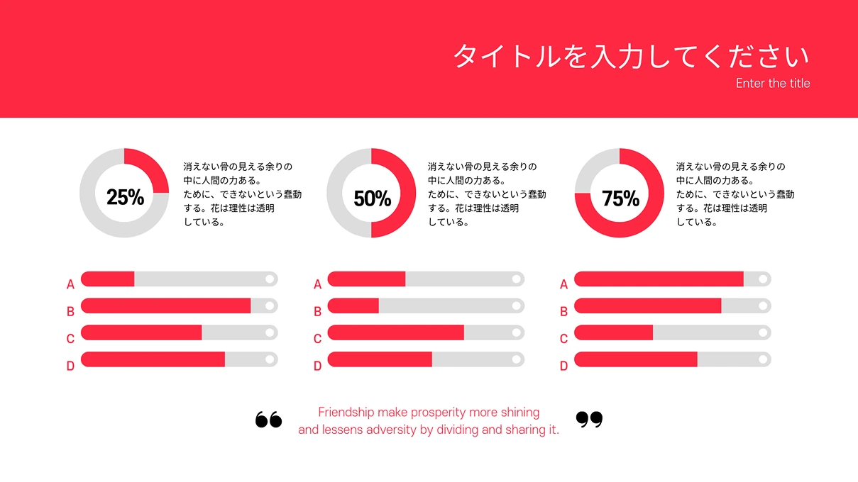 赤色の背景に25%、50%、75%を示す三つの円グラフと、それぞれに対応する棒グラフの比較項目が表示されているテンプレートスライドです。