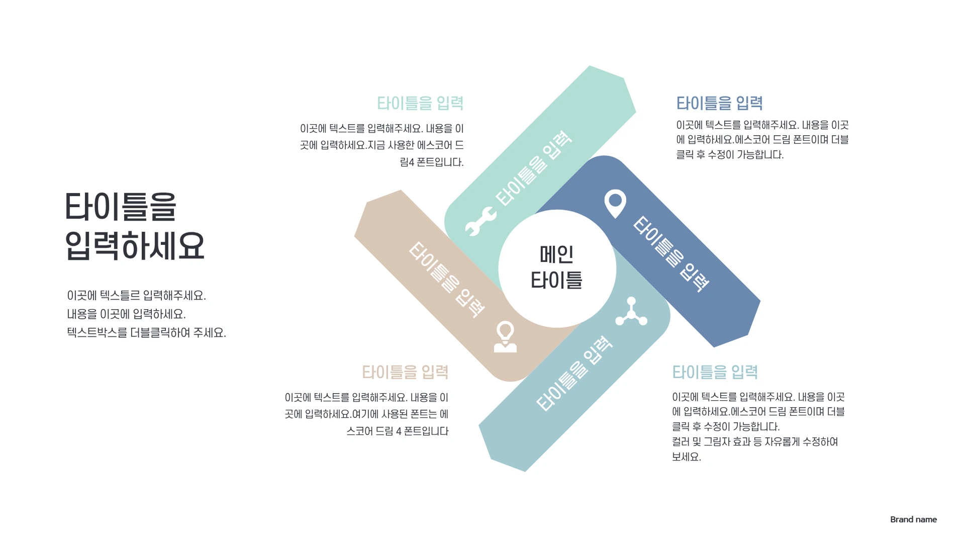 흰색 배경의 슬라이드에 '타이틀을 입력하세요'라는 텍스트와 함께 중앙의 원형 메인 타이틀에서 4방향으로 뻗어나가는 리본 모양의 다이어그램이 표시되어 있습니다.