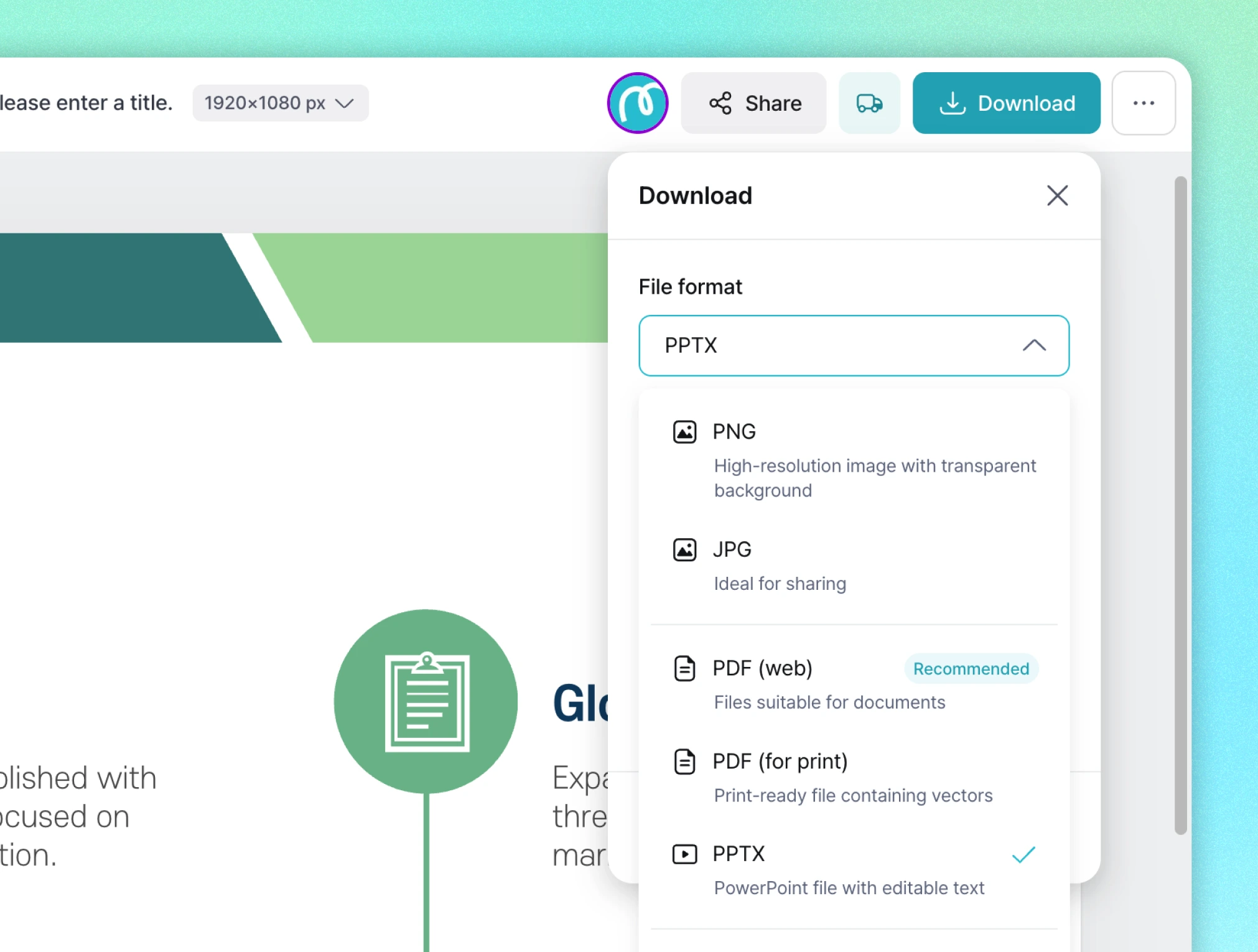 In the Miricanvas editor, a download popup is open with a file format dropdown showing options including PNG, JPG, PDF (web), PDF (for print), and PPTX.