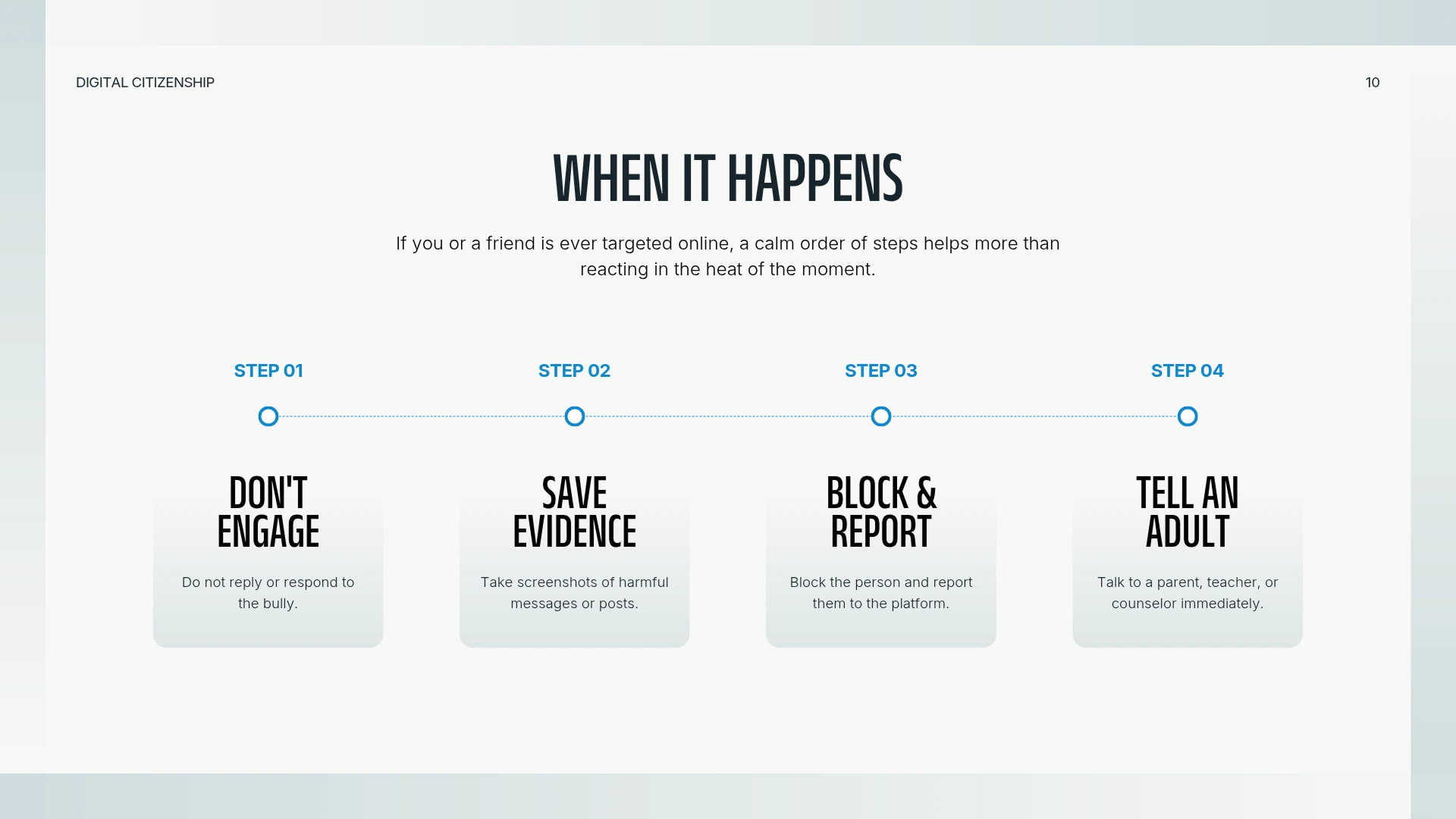 A light-colored slide titled 'When It Happens' displays a four-step timeline diagram showing Don't Engage, Save Evidence, Block & Report, and Tell An Adult connected in sequence.