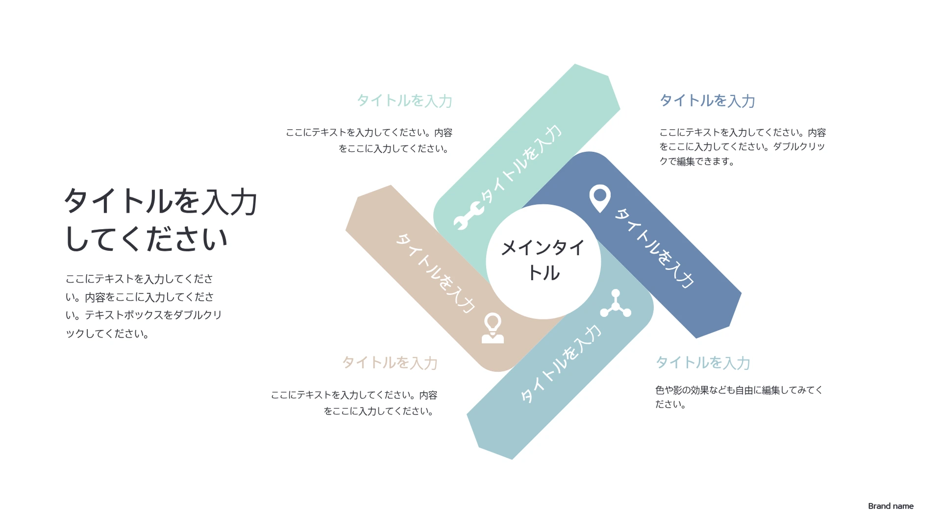 白い背景のスライドに「タイトルを入力してください」というテキストがあり、中央のメインタイトルから4方向に伸びるリボン状のダイアグラムが表示されています。