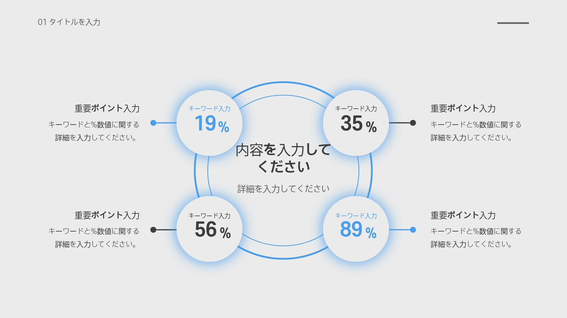 白い背景のスライドに「タイトルを入力」というテキストがあり、中央の円を囲む4つの円形要素にそれぞれ19%、35%、56%、89%の数値を表示した放射状のダイアグラムが表示されています。