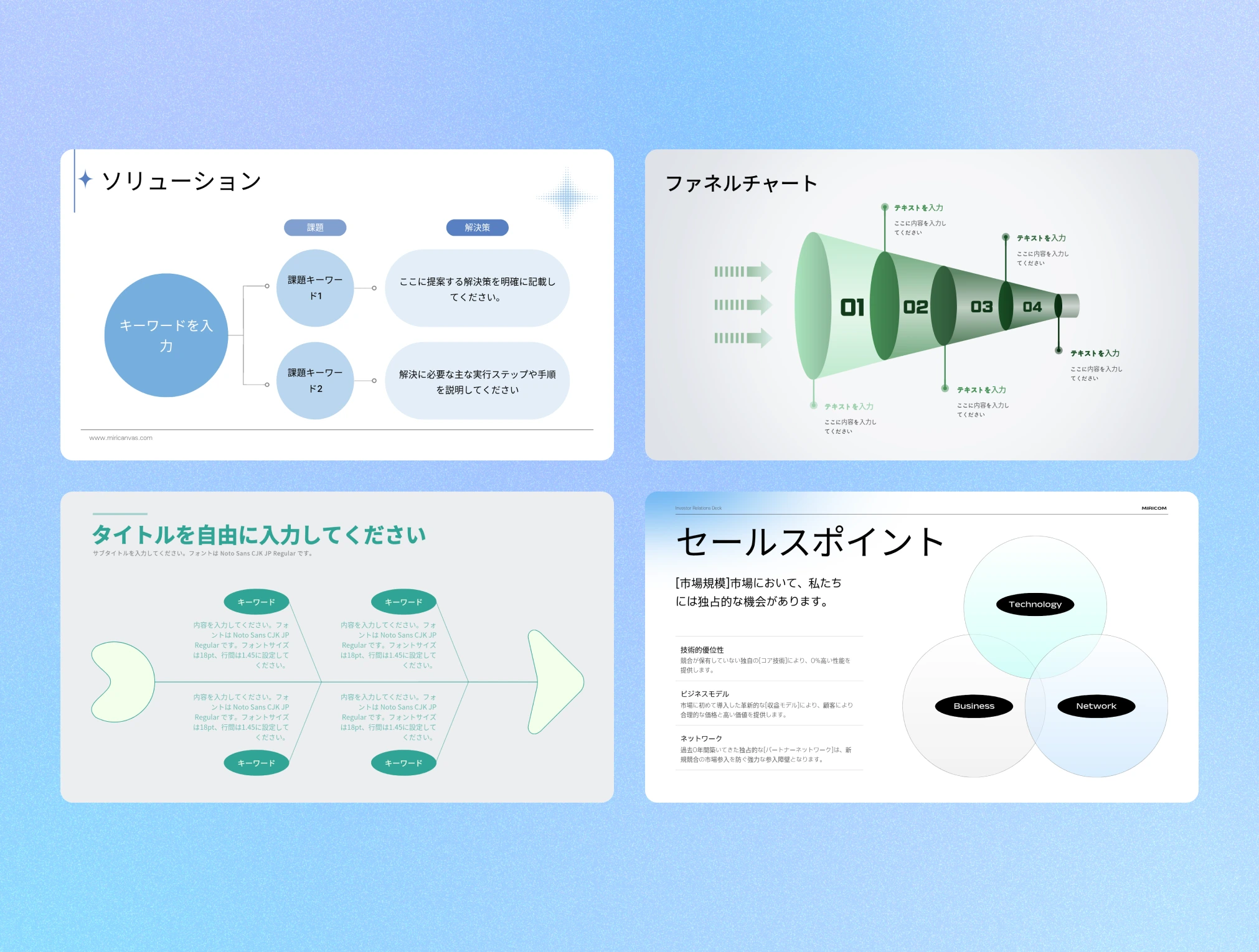 薄紫色の背景に4つのプレゼンテーション用スライドが格子状に配置されており、それぞれキーワードから課題と解決策を枝分かれさせたツリー型ダイアグラム、4段階のプロセスを示すファネルチャート、矢印形のフィッシュボーンダイアグラム、3つの円が重なるベン図でセールスポイントを表現したスライドが表示されています。