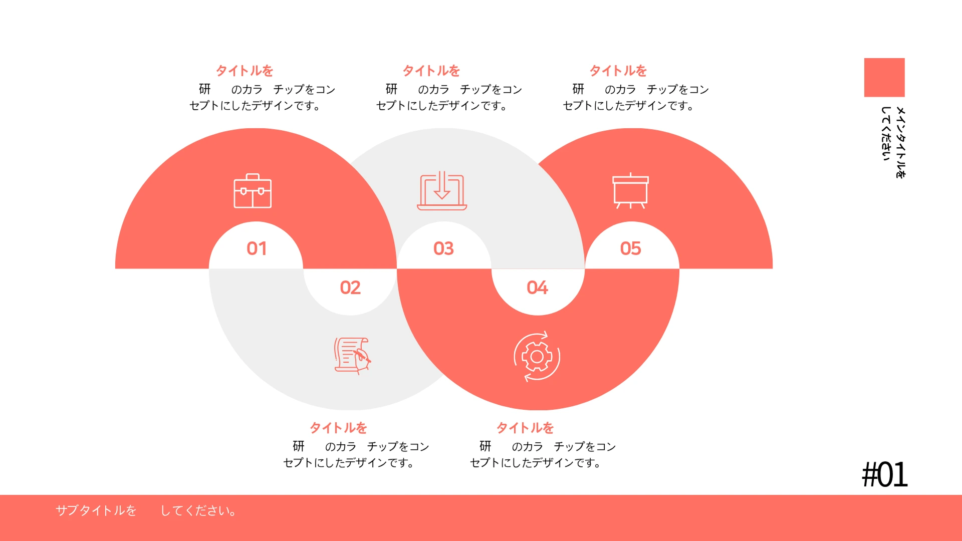白い背景のスライドに5つのアイコンを波形の半円でつなげた5段階のプロセスダイアグラムが表示されています。