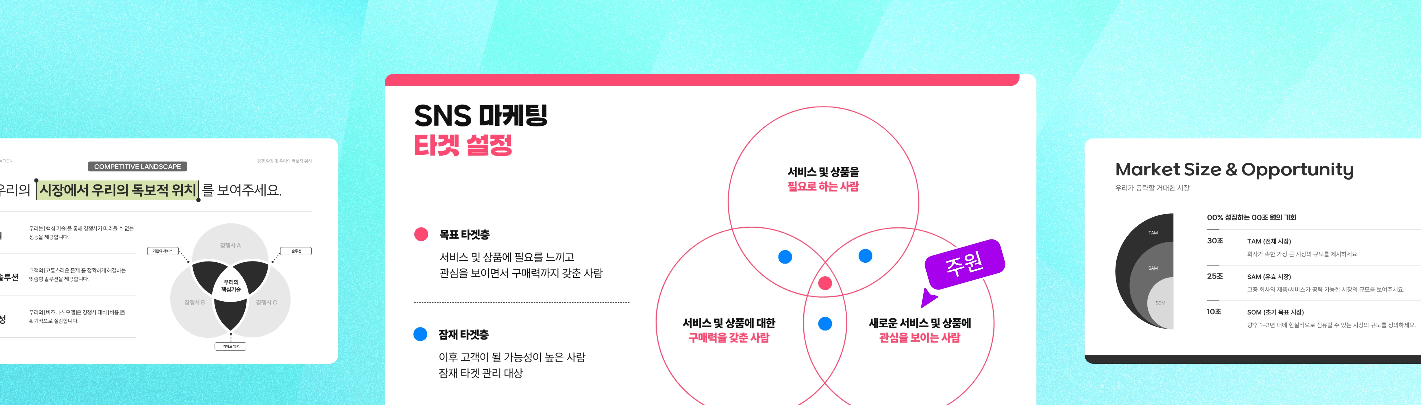 민트색 배경에 세 개의 프레젠테이션 템플릿이 가로로 배치되어 있으며, 중앙 슬라이드에는 미리캔버스로 만든 SNS 마케팅 타겟 설정용 3원형 벤다이어그램이 목표 타겟층과 잠재 타겟층으로 구분되어 표시되어 있습니다.