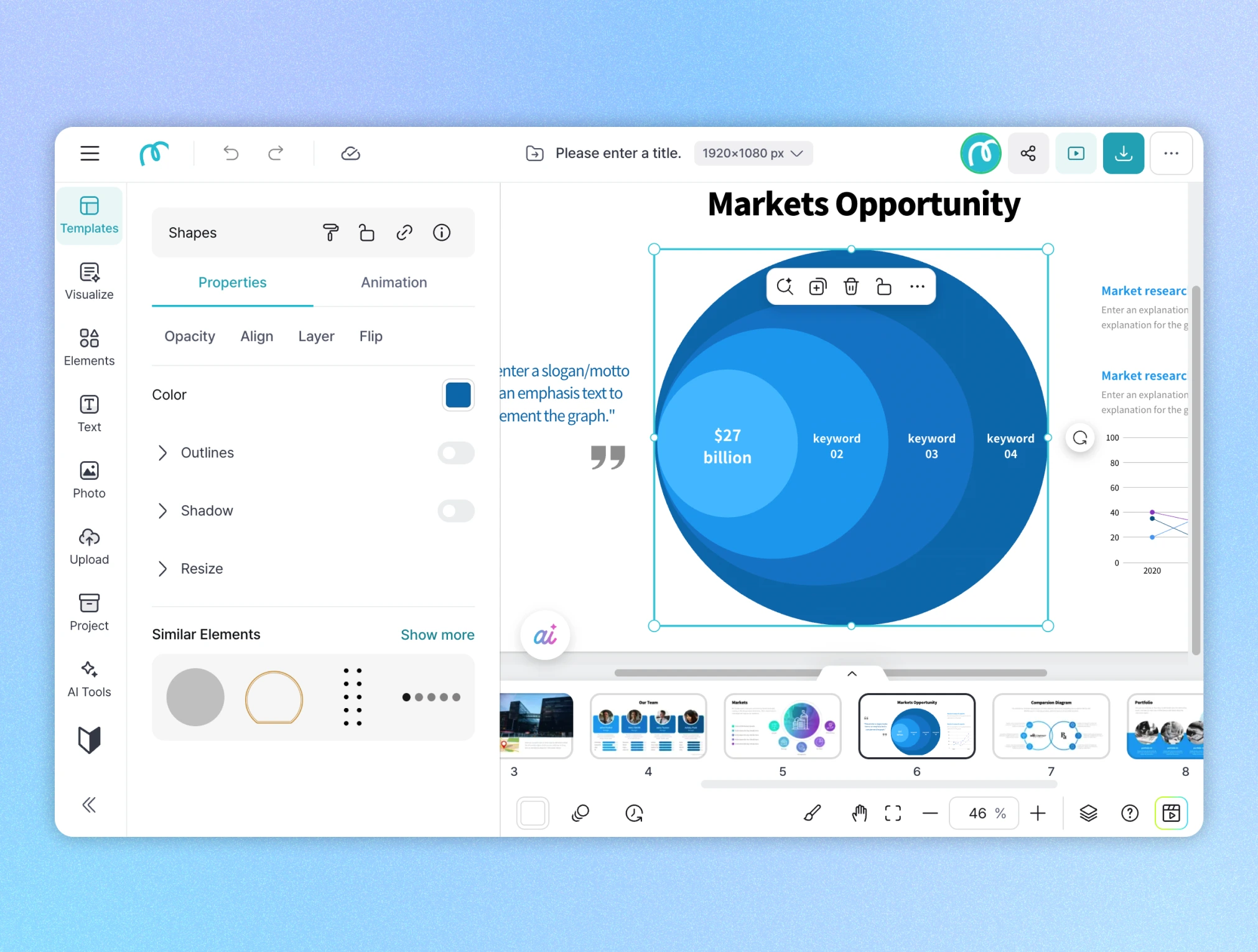 Miricanvas editor screen showing a "Markets Opportunity" slide with a Venn diagram of overlapping blue circles labeled $27 billion, keyword 02, keyword 03, and keyword 04, with a shapes properties panel open on the left and market research text and a line chart on the right.