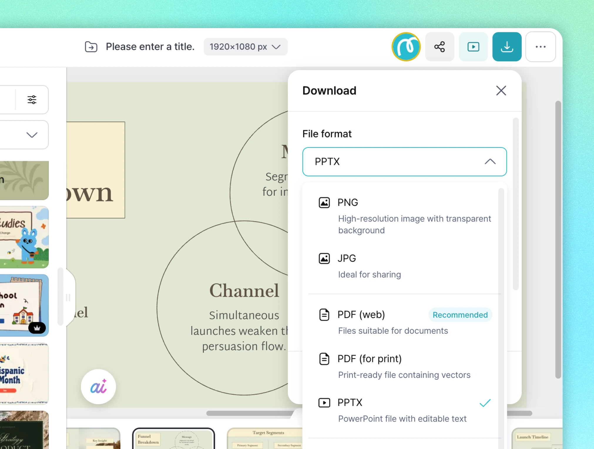 Miricanvas editor download menu open over a "Funnel Breakdown" Venn diagram slide with a Channel circle visible, showing file format options PNG, JPG, PDF (web), PDF (for print), and PPTX, with PPTX selected.