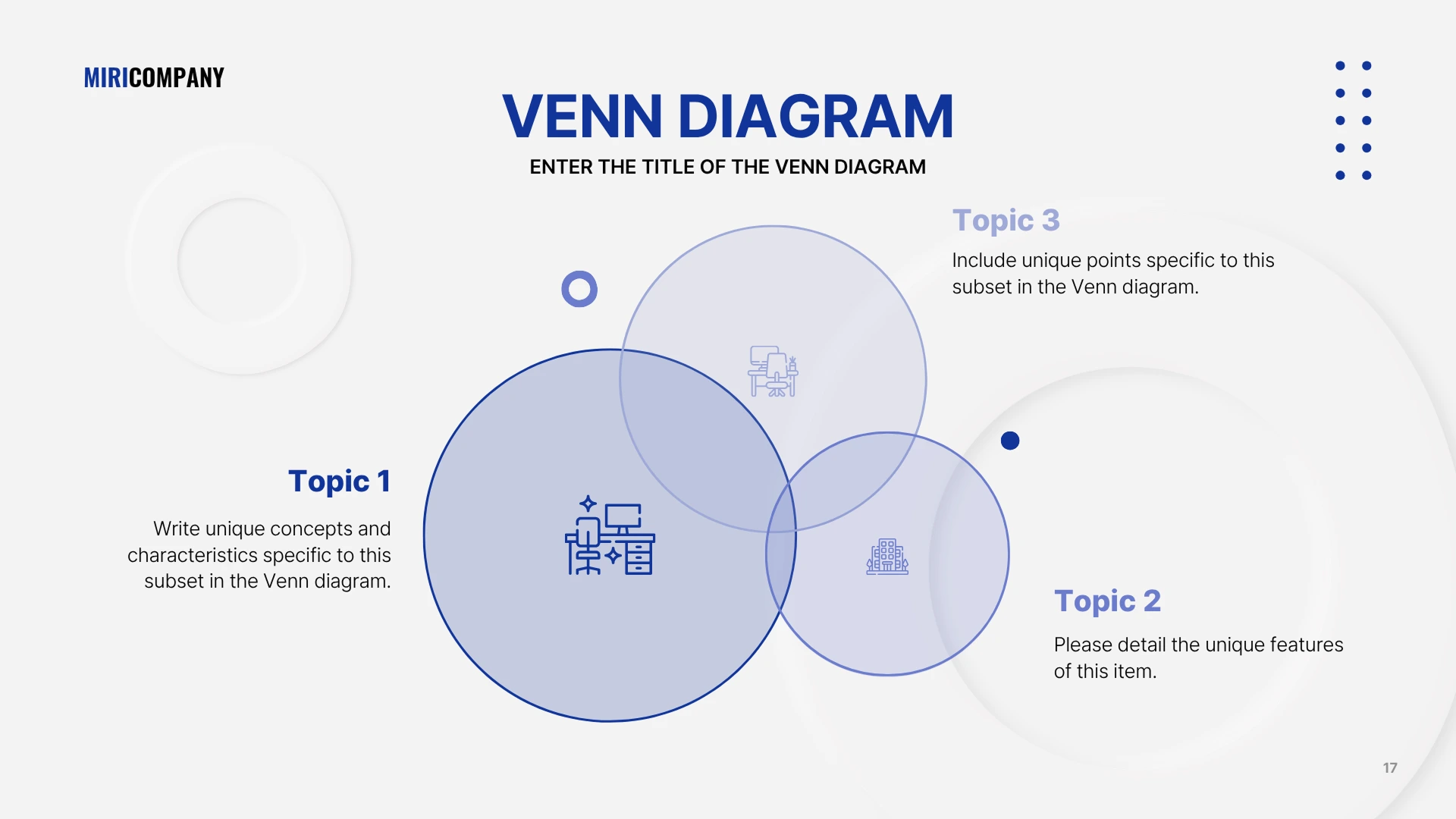 Miricanvas Venn diagram template titled "Venn Diagram, Enter the Title of the Venn Diagram," with three overlapping blue circles labeled Topic 1, 2, and 3, each paired with an icon and description text.