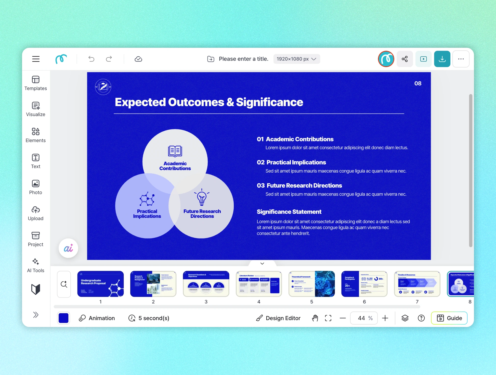 Miricanvas editor screen showing a blue "Expected Outcomes & Significance" slide with a Venn diagram of three overlapping circles for Academic Contributions, Practical Implications, and Future Research Directions, with corresponding text descriptions on the right.