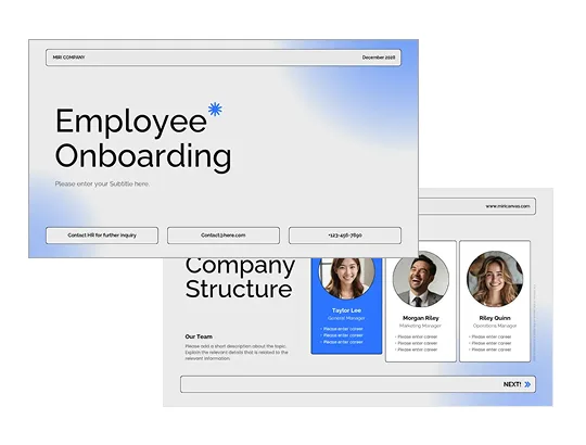 Employee onboarding slide template · light gray cover with a blue gradient and a company structure page with team profiles