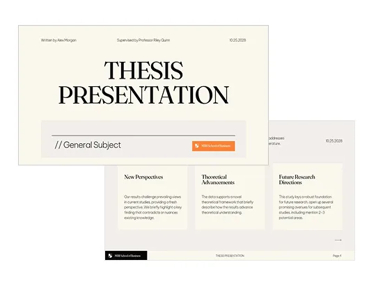 Thesis presentation slide template · cream cover with a classic serif title and a page summarizing three research points