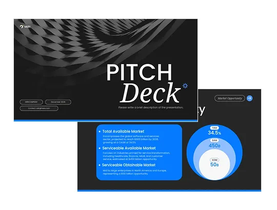 Pitch deck slide template · black textured cover with an italic title and a blue TAM, SAM, SOM market diagram
