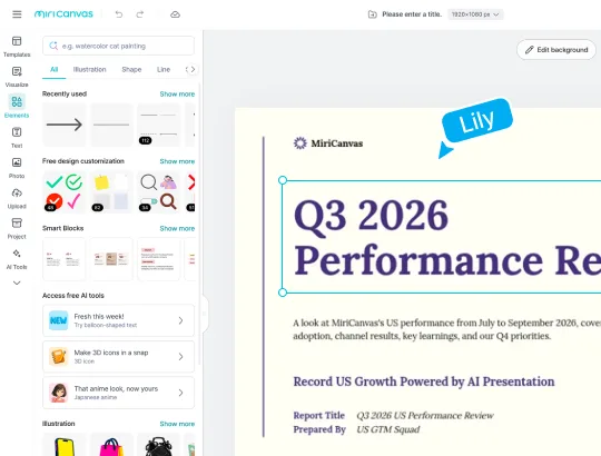 MiriCanvas editor text editing · adjusting the font of the Q3 2026 Performance Review title on an AI-made report cover
