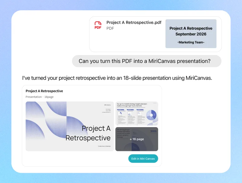 PDF-to-presentation with the AI connector · Project A Retrospective PDF turned into an 18-slide deck, ready to edit