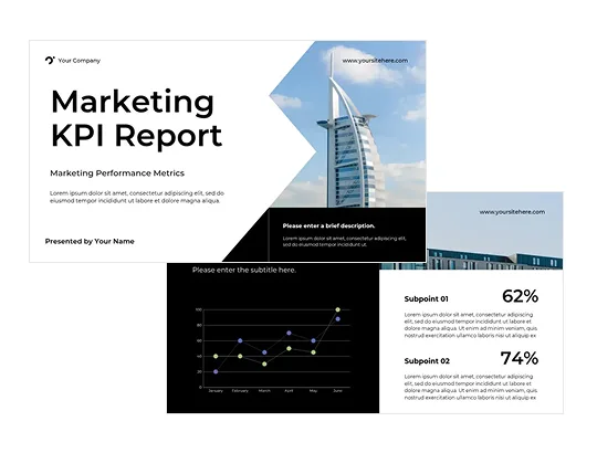 Marketing KPI report slide template · white cover with a skyscraper photo and a dark line chart page with 62% and 74%