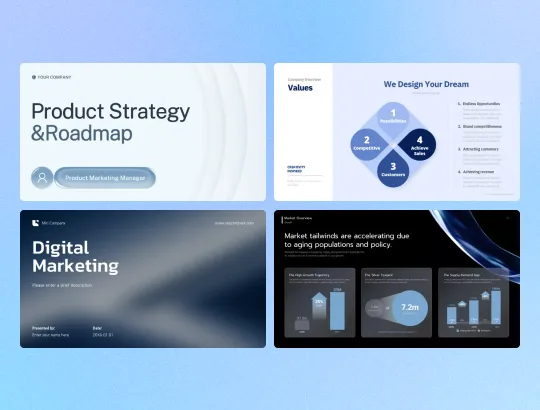AI-recommended presentation templates · Product Strategy & Roadmap, Digital Marketing, values diagram, and market charts