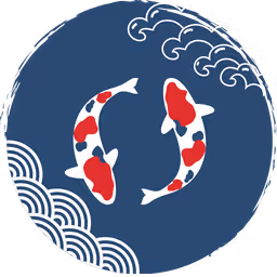 Zwei farbige Koi-Fische in einem blauen Kreis mit stilisierten weißen Wellen oben rechts und unten links.