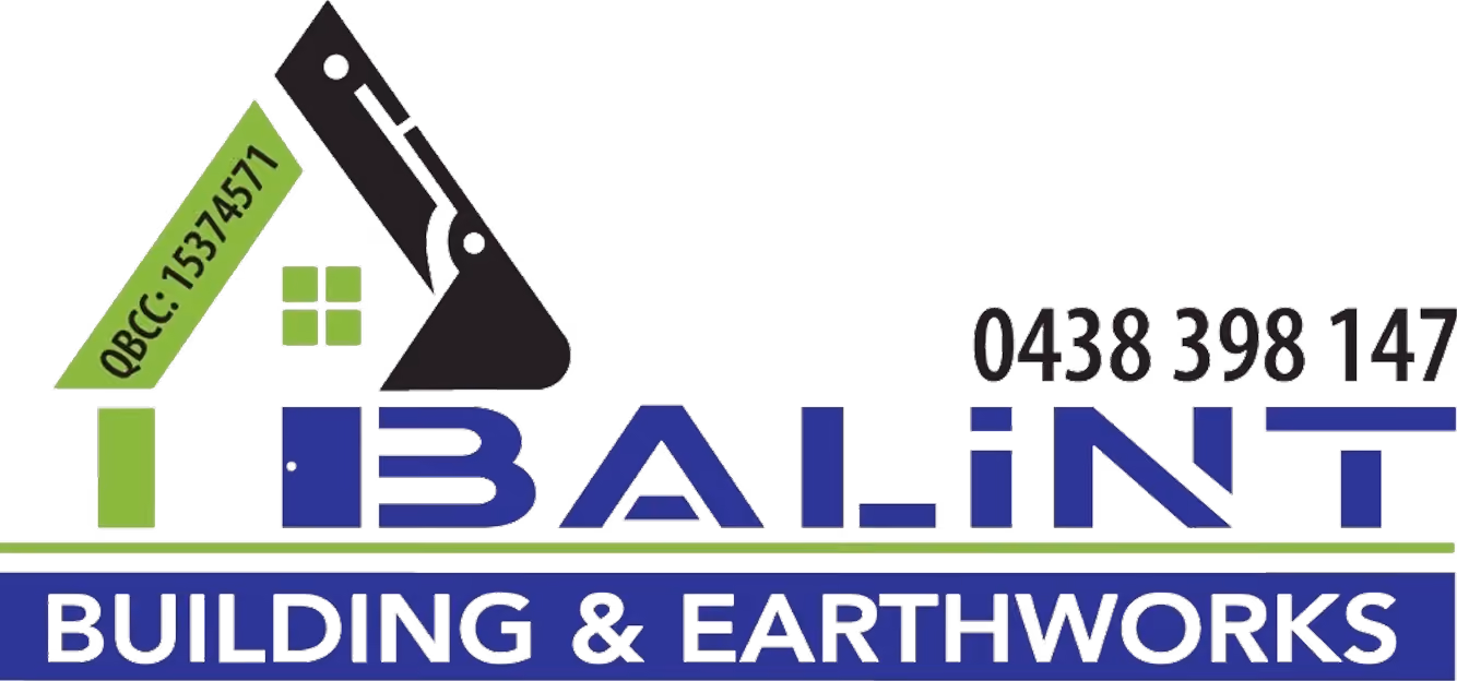 Balint Building & Earthworks logo with a stylized house and excavator arm, phone number, and QBCC license.