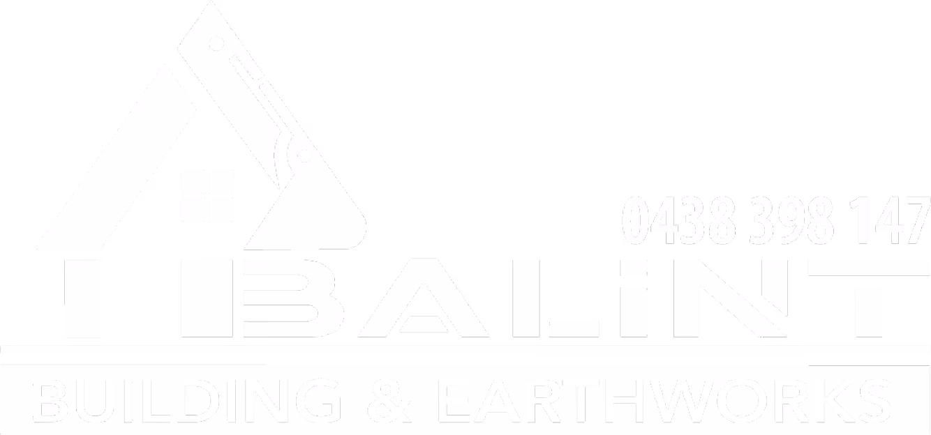 Balint Building & Earthworks logo with a house and excavator arm graphic and a phone number.