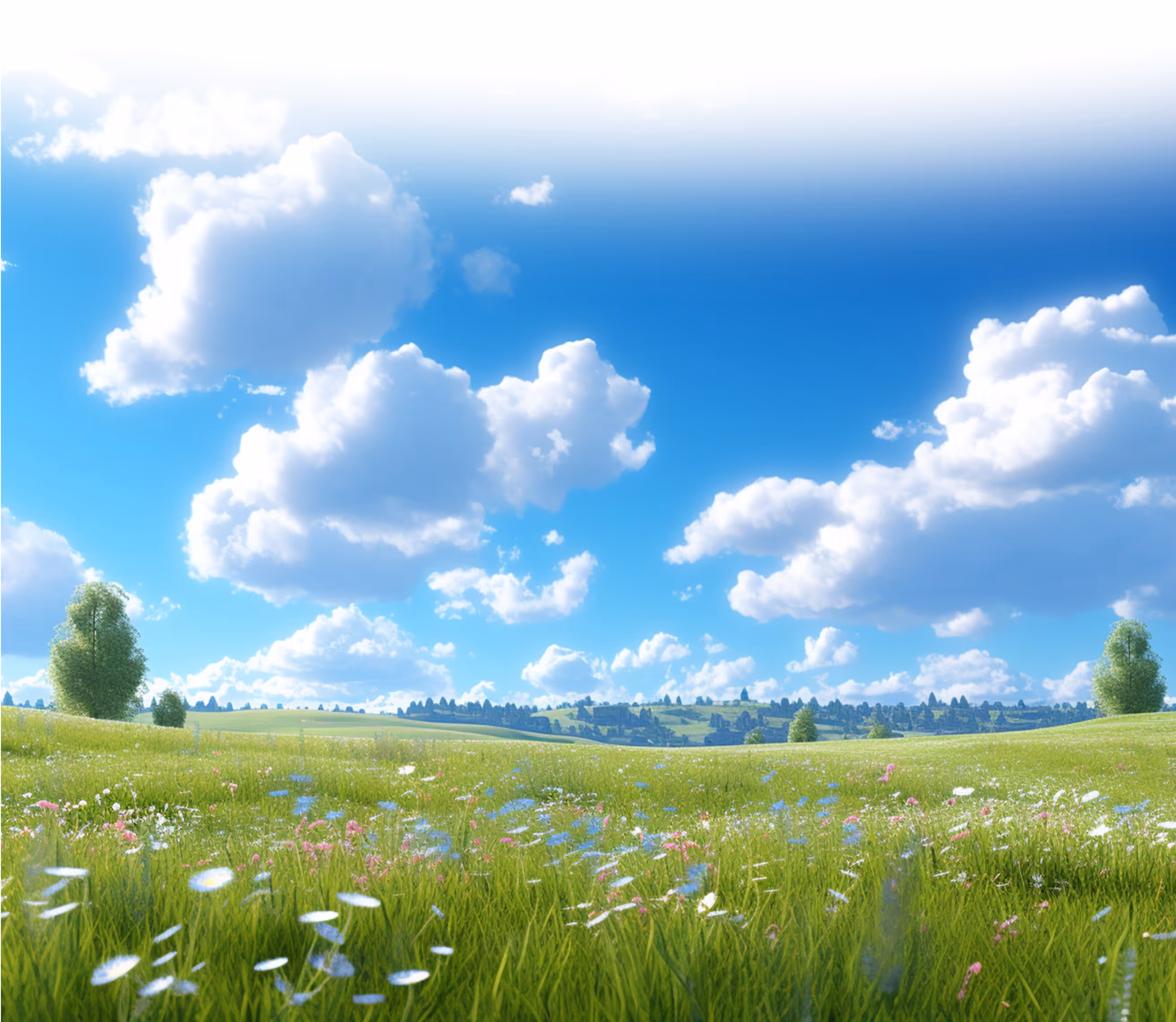 Bright green meadow with wildflowers under a clear blue sky filled with fluffy white clouds.