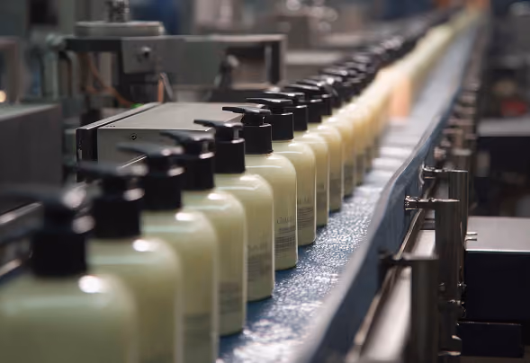 Rows of cream-colored soap bottles with black pumps moving on a factory conveyor belt.