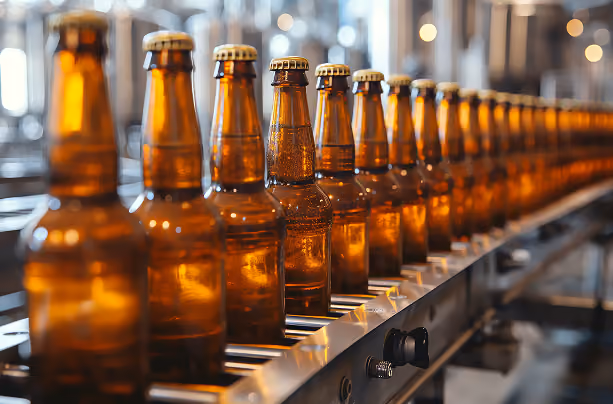 Line of amber glass beer bottles on a conveyor belt in a brewery or bottling plant.