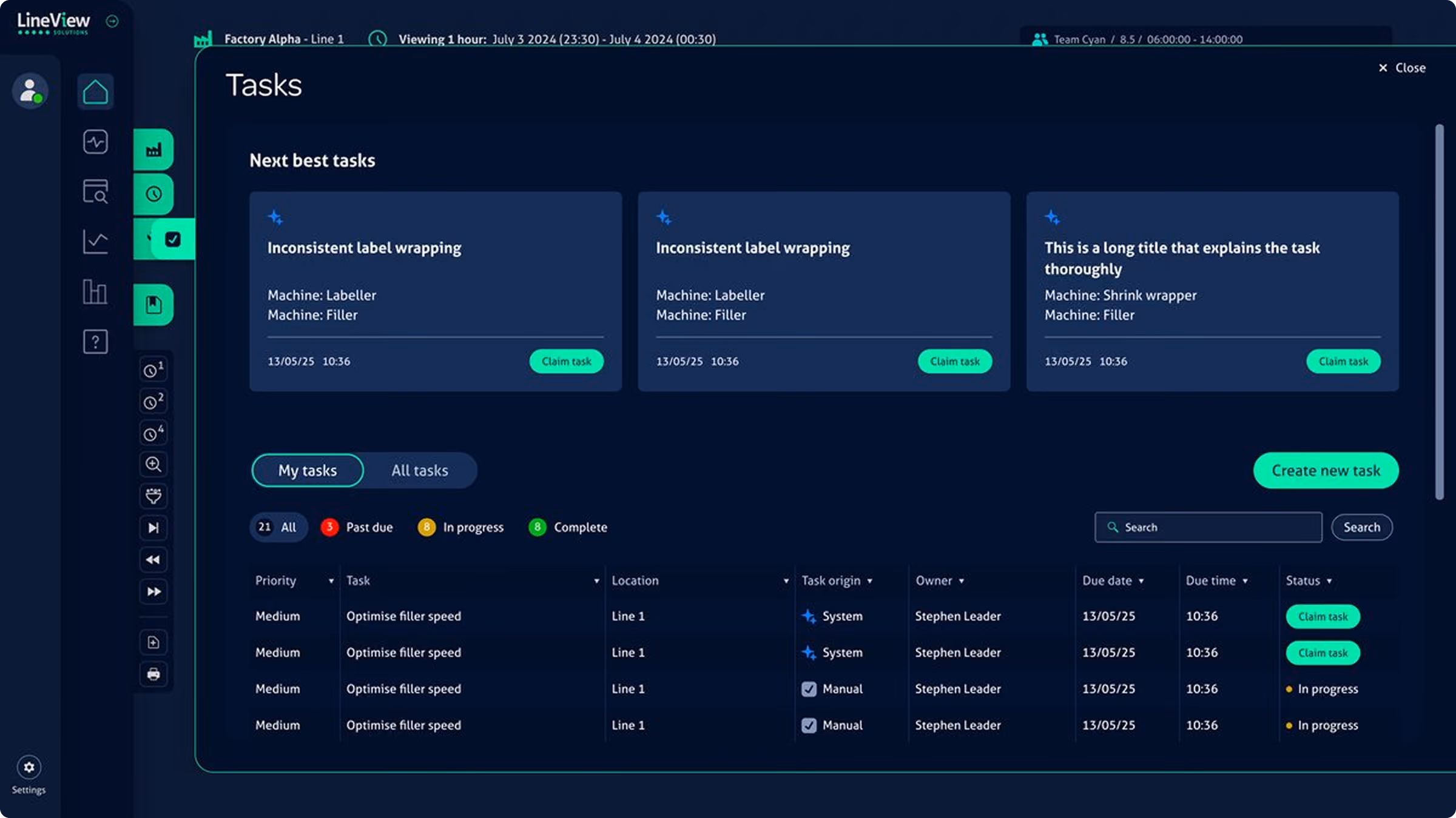 Tasks dashboard showing next best tasks, task list with priorities, status, and claim task buttons.