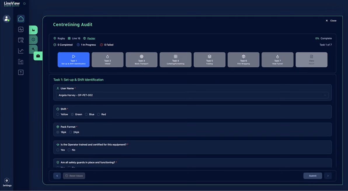 Interface showing Centrelining Audit with tasks, user shift details, and equipment safety questions on dark background.