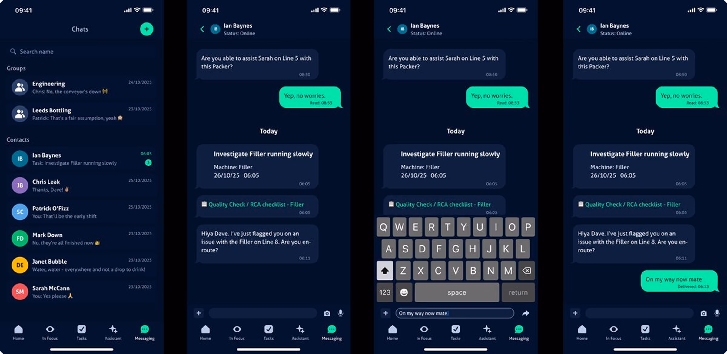 Mobile app showing team messaging with chat list and conversation about troubleshooting a machine issue.