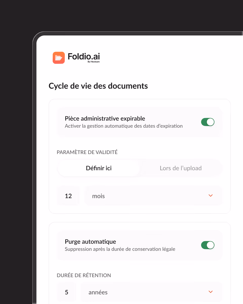 Interface screenshot from Foldio.ai showing document lifecycle settings with enabled toggles for expirable administrative document and automatic purge, including validity parameters and retention duration.