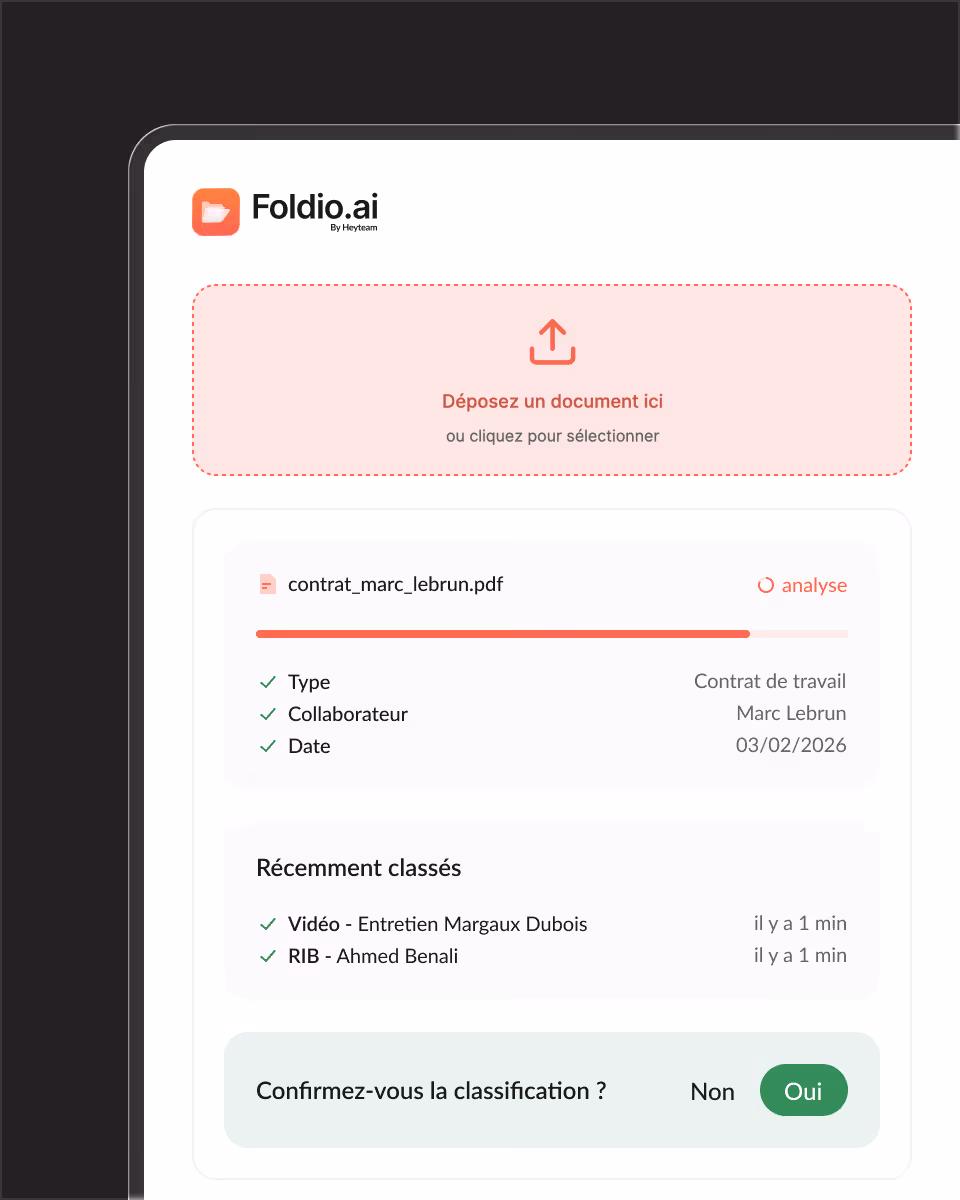 Foldio.ai document upload interface showing a PDF named contrat_marc_lebrun.pdf analyzed as a work contract for Marc Lebrun dated 03/02/2026, with recent classifications of a video and bank details, and a confirmation prompt with options Non and Oui.