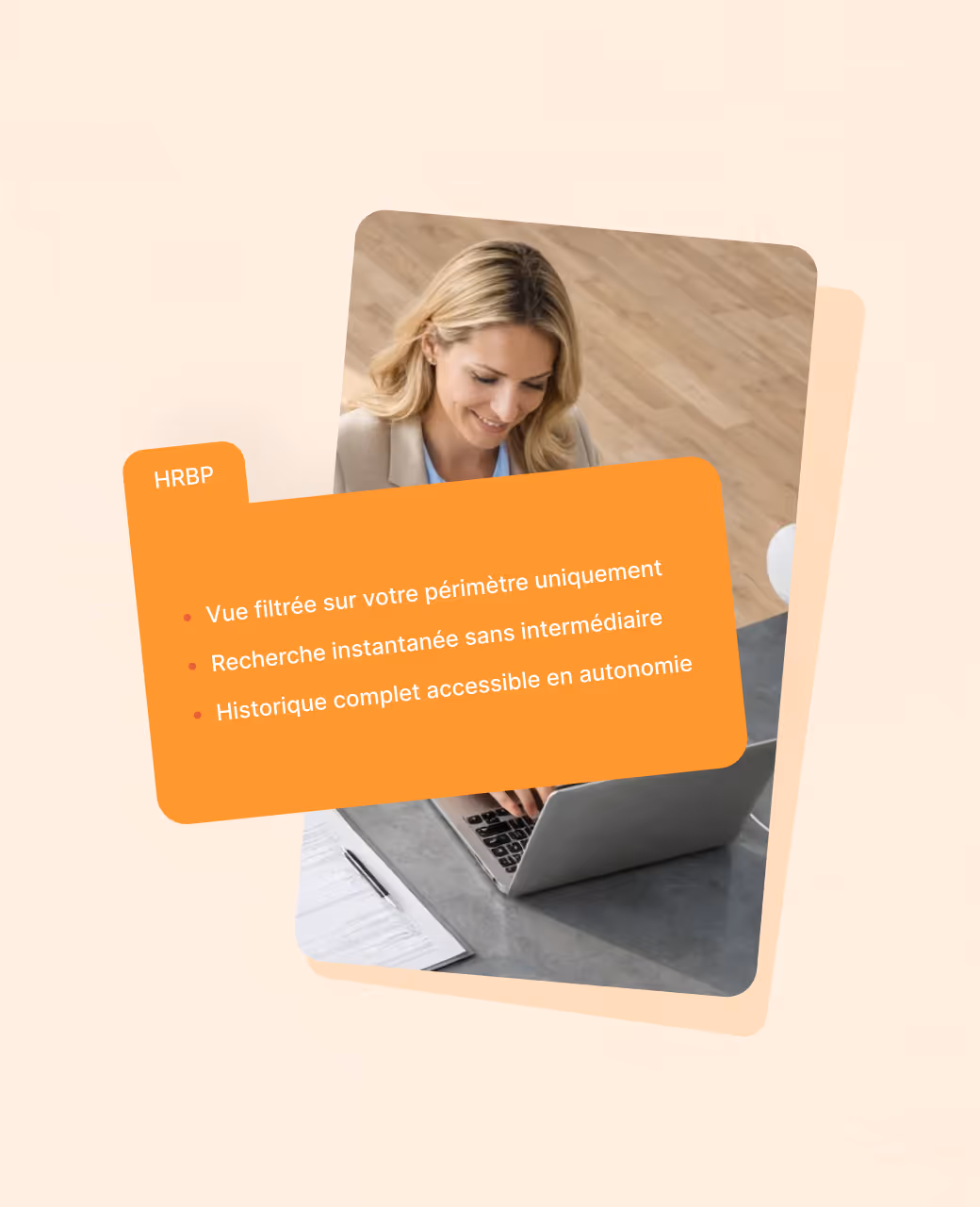 Smiling woman working on a laptop at a desk with a clipboard, alongside an orange text box listing HRBP features in French.