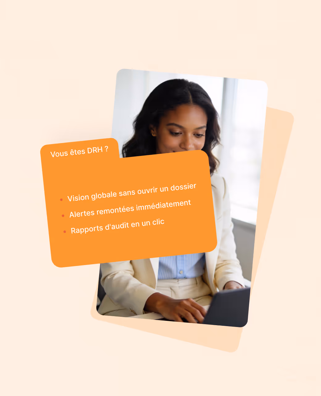 A woman in a light suit working on a laptop with an overlay orange text box listing HR benefits in French.