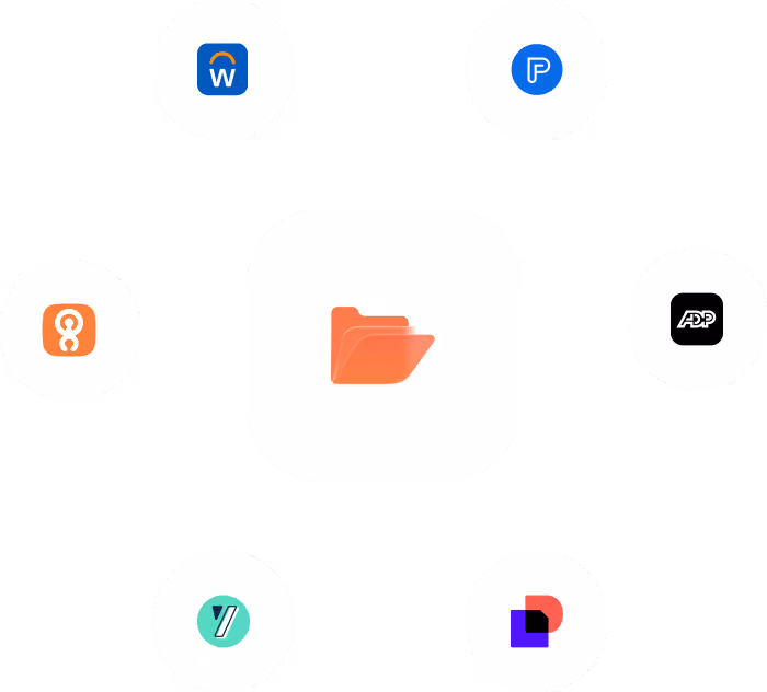 Central orange folder icon surrounded by six app icons including Workday, Paycom, ADP, Gusto, Paylocity, and Rippling in circular frames, representing software integrations.