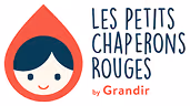 Logo with a simple illustration of a smiling girl wearing a red hood above the text 'Les Petits Chaperons Rouges by Grandir'.
