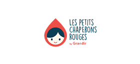 Logo with a smiling child’s face inside a red hood and text 'Les Petits Chaperons Rouges by Grandir'.