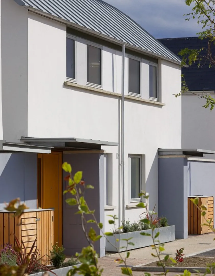 Modern white two-story house with a metal roof, wooden door, and small garden planters in front.