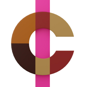 Stylized letter C in brown shades with a vertical pink stripe behind it.