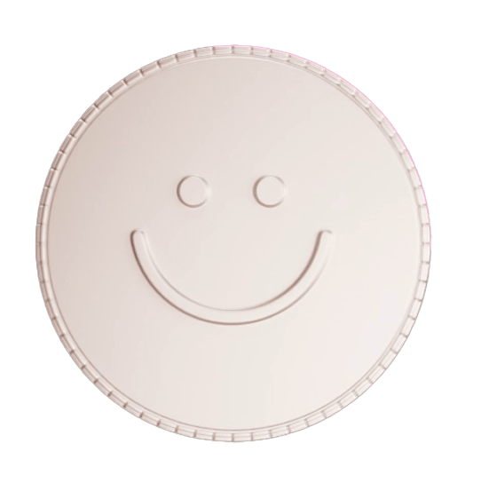 Round beige coin with a raised happy face smiling.
