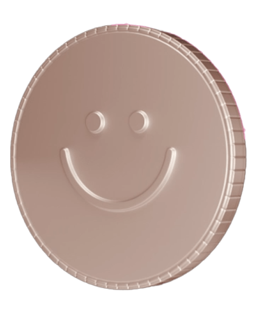 Round coin with embossed smiley face and textured edge on a white background.
