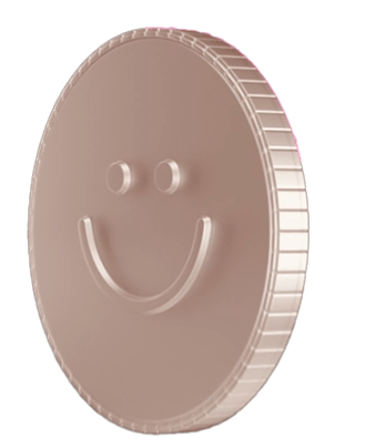 Round coin with a smiley face embossed on the surface and ridged edge.