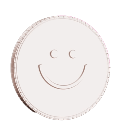 Circular white coin with a simple smiling face embossed on it against a black background.