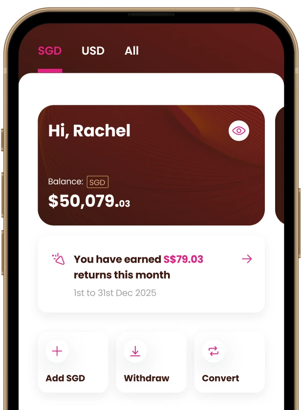 Mobile screen showing Rachel's SGD balance $50,079.03 with $79.03 monthly returns and buttons to add, withdraw, convert.