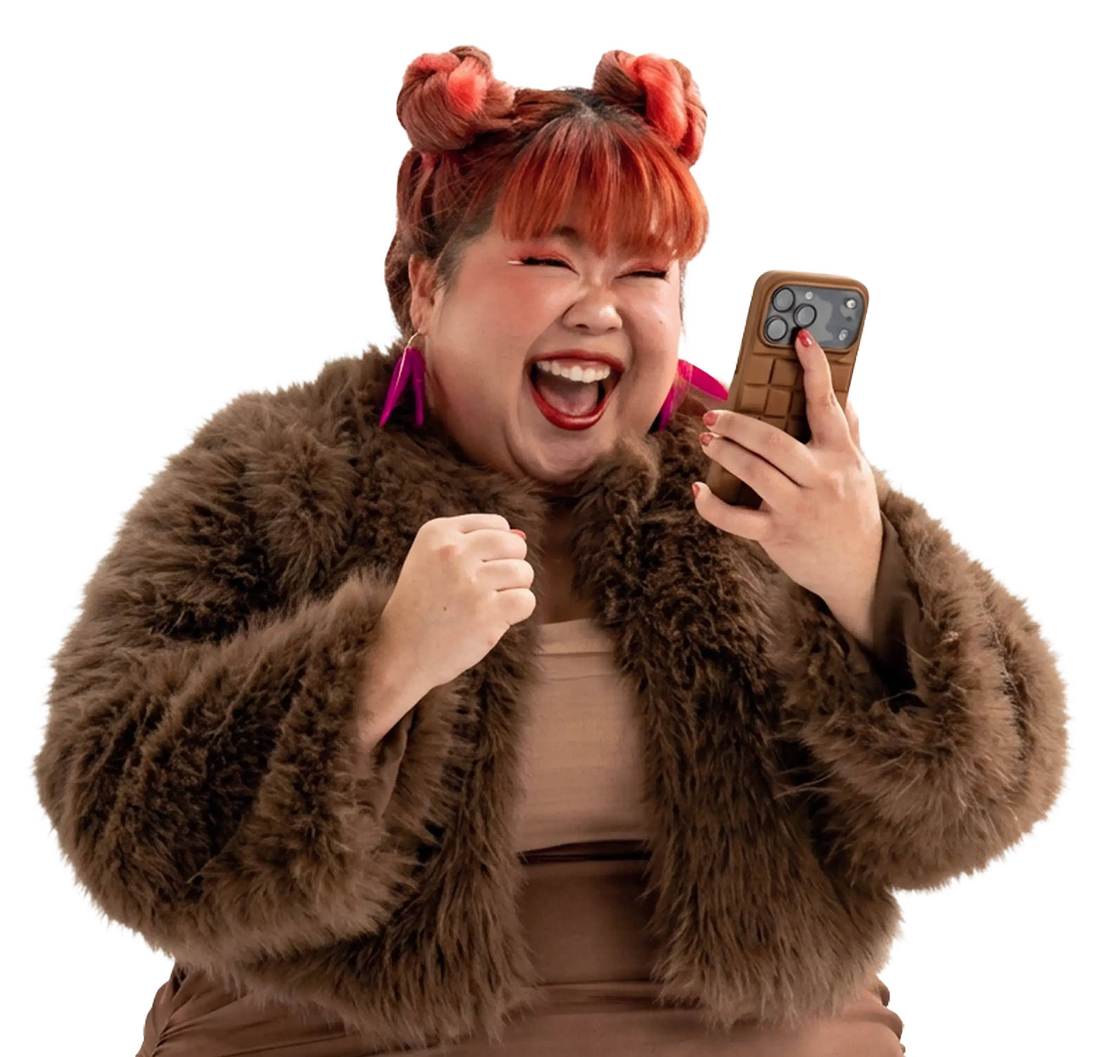 A photo of a woman holding her wallet and smiling due to the daily interest on her savings.