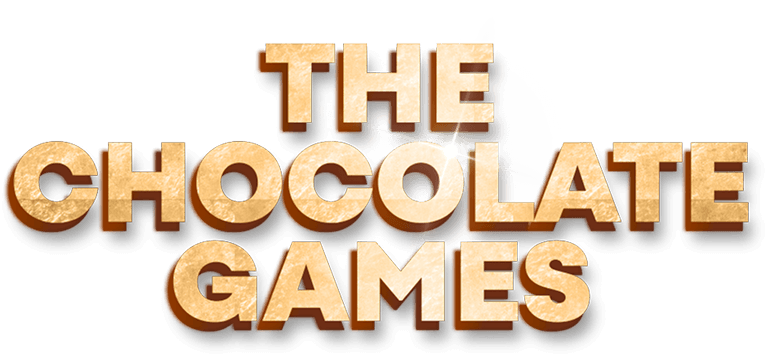 Bold text saying The Chocolate Games with a light burst behind the letters.