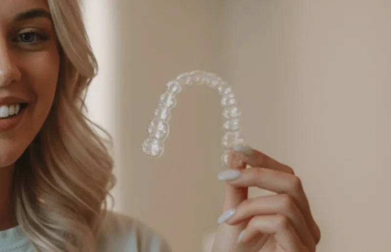A woman holding a clear aligner up to the camera.