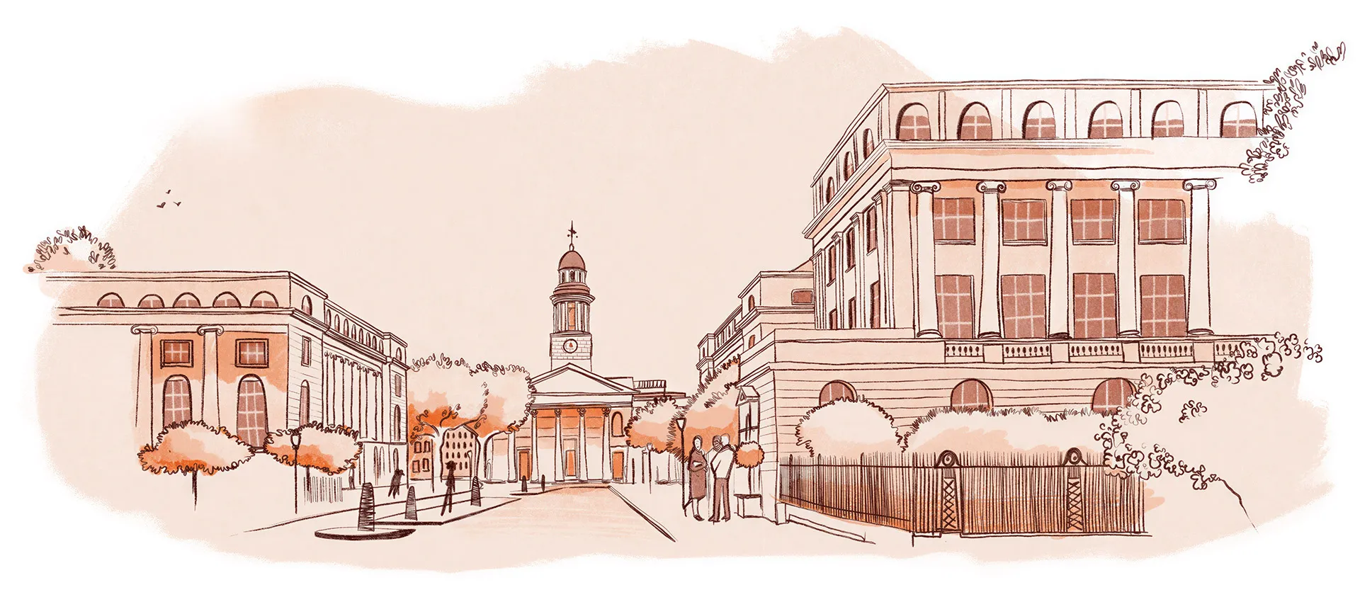 Illustration of a street scene with classical buildings, trees, and people near a clock tower.