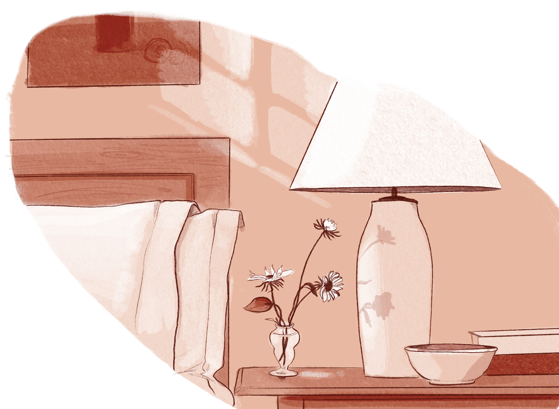 Drawing of a bedside table with a lamp decorated with flower patterns, a small vase holding three flowers, and a bowl, next to a wooden headboard with a towel hanging on it.
