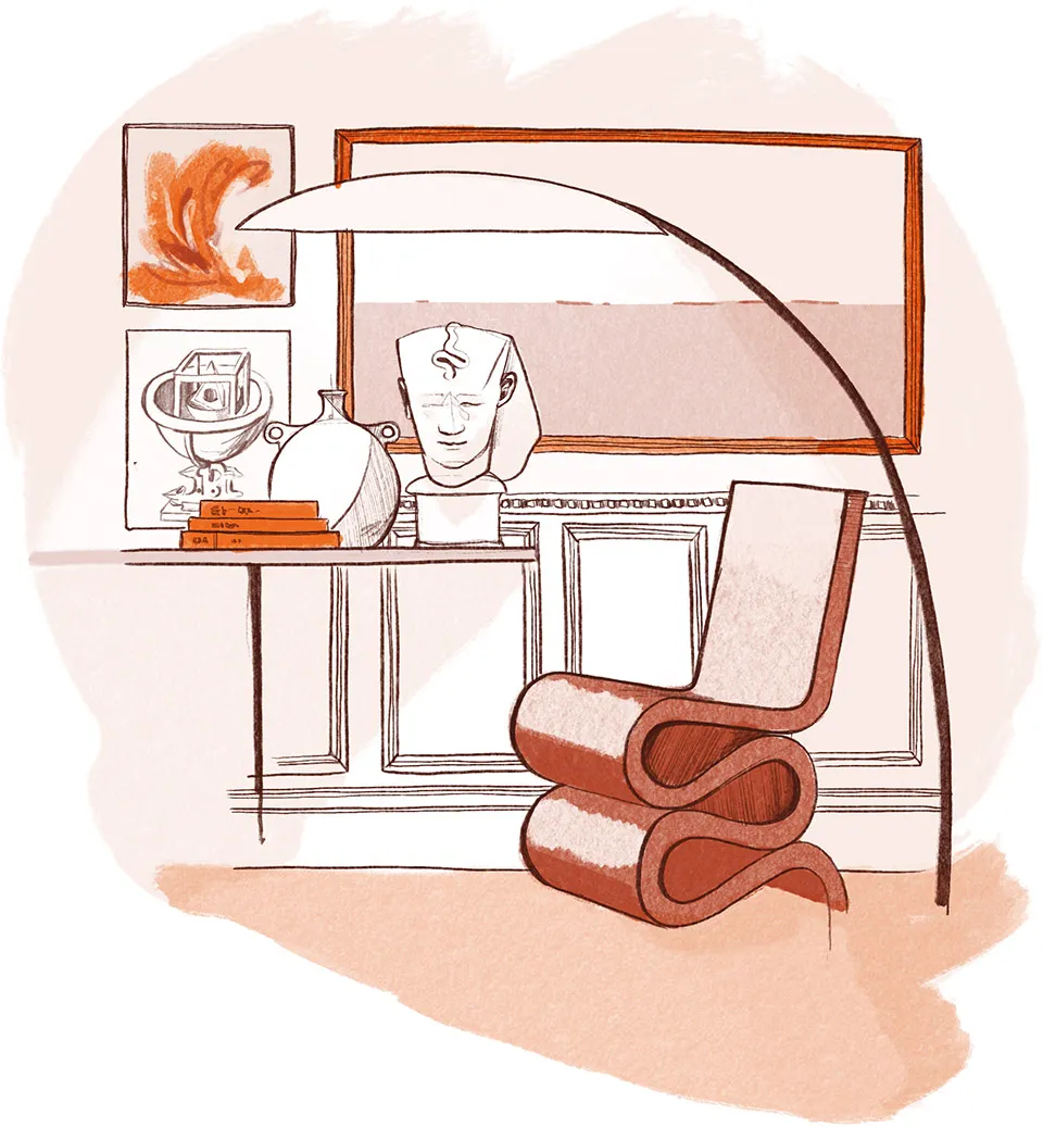 Illustration of a modern interior corner with a wavy brown chair, curved floor lamp, table holding books, vase, and an abstract sculpture, with framed art on the wall.