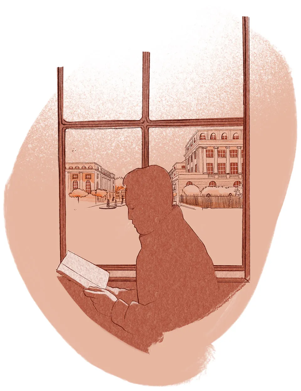 Silhouette of a person reading a book by a large window overlooking classical buildings and a street scene.